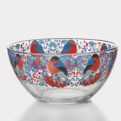 Салатник стеклянный 1шт Снегири на рябине 19см 1500мл