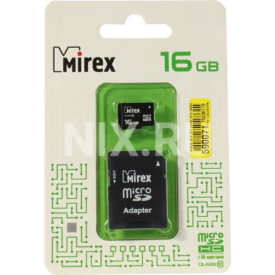 micro SDHC 16GB Class 10 Mirex + adapter (13613-AD10SD16)