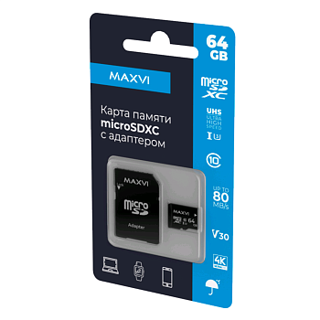 micro SDXC 64GB Maxvi class 10, UHS-I (3), V30 (MSD64GBC10V30)