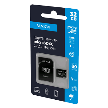 micro SDXC 32GB Maxvi class 10, UHS-I (1), V10 (MSD32GBC10V10)